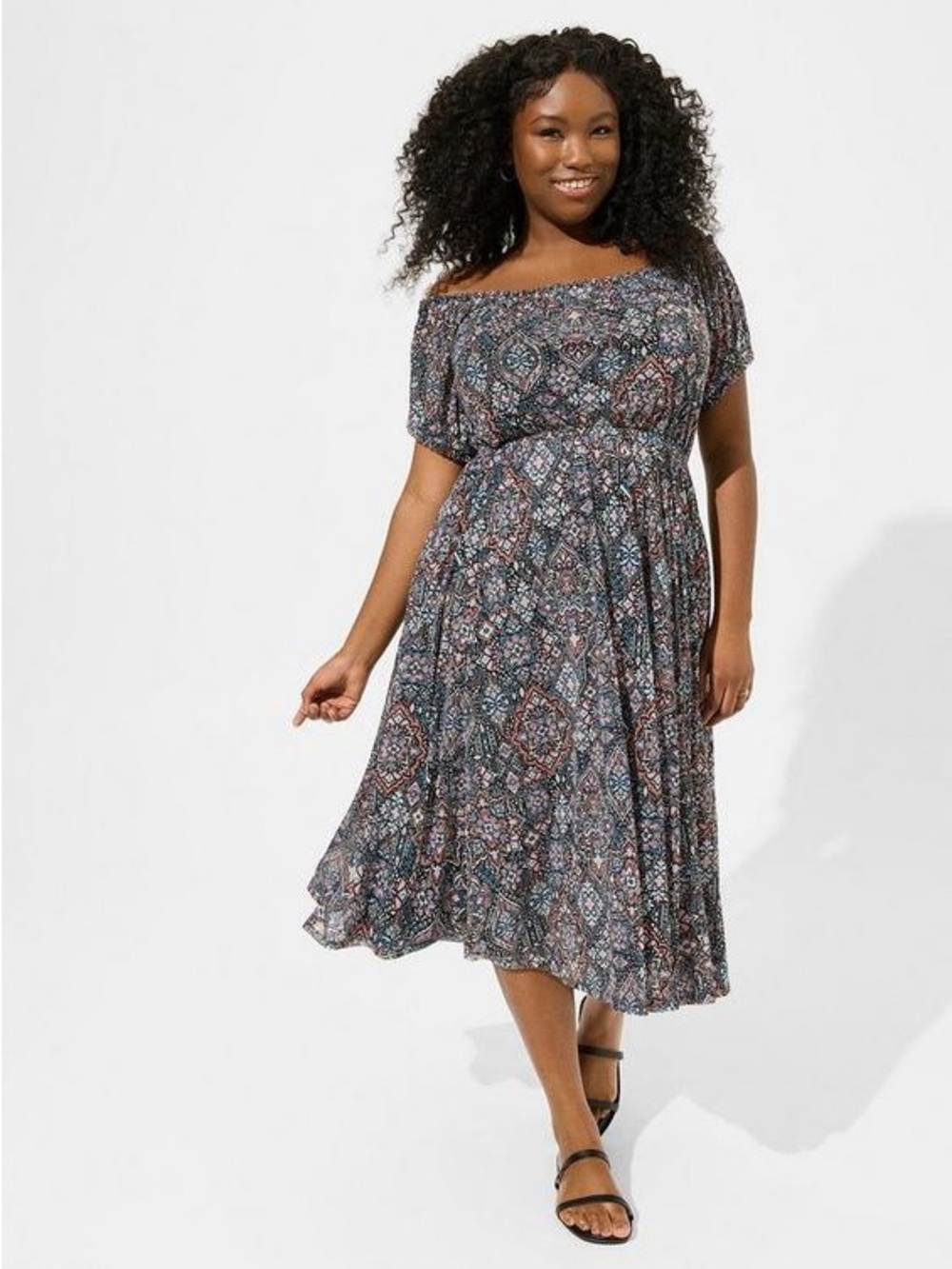 Torrid Midi Mesh Off Shoulder Peasant Dress Medallion Black Plus Size 2 Boho
